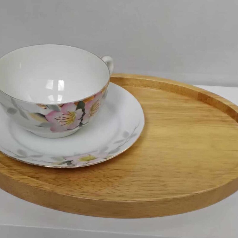 Oval Tea Tray Bamboo & Vintage Noritake Azalea pattern teacup and saucer set.